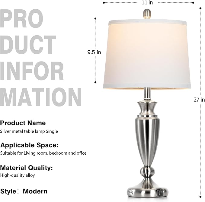 27" Silver Table Lamps for Living Room Single, 3 Way Touch Control Bedside Lamps with USB A+C Ports, Modern Brushed Nickel Bedroom Lamp, Metal Tall Lamp for Nightstand Desk Side Table Office