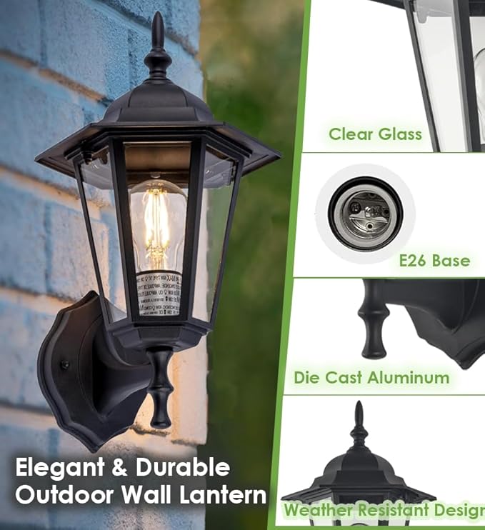 GRUENLICH Outdoor Wall Lantern, Wall Sconce as Porch Lighting Fixture with E26 Medium Base, Aluminum Housing Plus Glass, Water-Proof, Bulb Not Included, Black Finish, 1 Pack