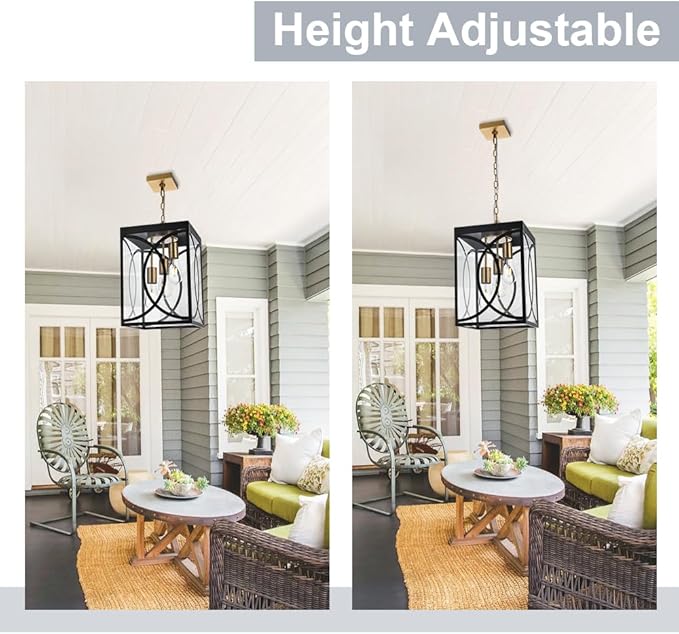 Outdoor Pendant Light Fixtures, Modern 3-Lights Exterior Hanging Lantern Clear Glass Panel, Black Large Outdoor Chandelier for Porch Patio Front Door