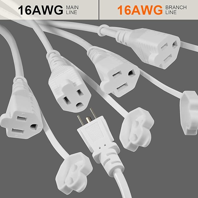 KUNCAN 4-Outlet Power Splitter Cord - 3 Prong 1 to 4 Way Male to Female Multi Plug Adapter, 1.5FT 16AWG 13A Y Style Extension Cord with Outlet Cover for Computer, LED Stage Light (White 2-Pack)