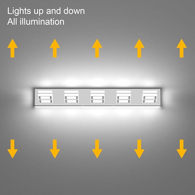 Ralbay 5 Light Modern LED Vanity Light Chrome Bathroom Light Fixtures Acrylic Up and Down Bathroom Wall Mounted Lighting Over Mirror