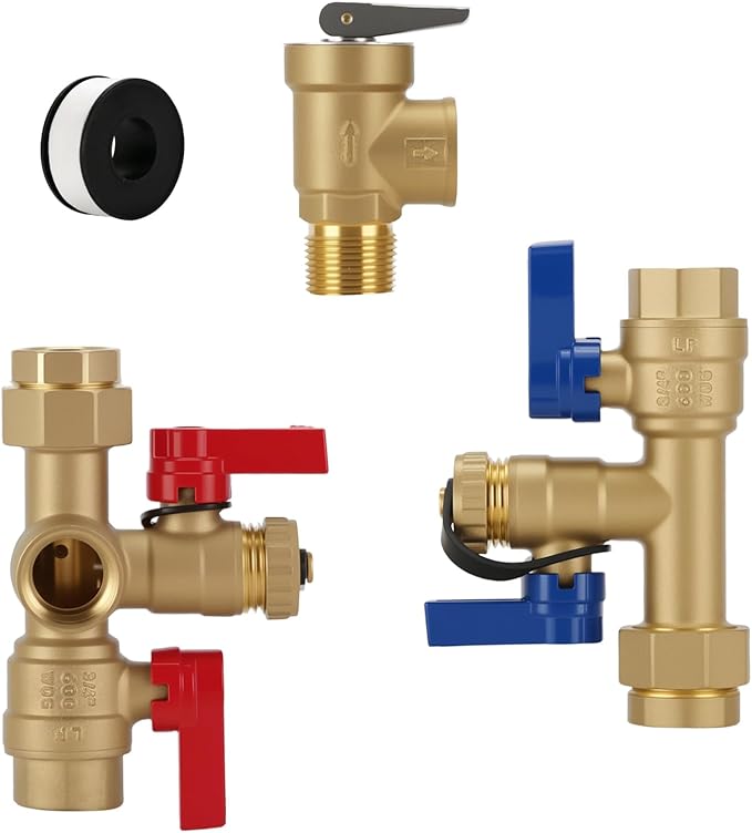MEASUREMAN Tankless Water Heater Service Valve Kit, 3/4" IPS Forged Brass Isolator Valves with Pressure Relief, Heavy-Duty Lead-Free Brass