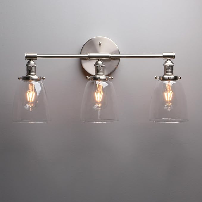 Phansthy 3-Light Wall Sconces Antique Brass Vanity Light, Industrial Wall Lamps with On Off Switch and Clear Glass Lampshade, Vintage Wall Lighting for Bathroom Living Room (Brushed, Bell Shade)