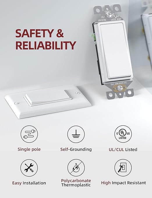 AIDA Single Pole Rocker Decorator Light Switch, 15 Amp Self-grounding Electrical Light Switches, Wall Plate Included, Residential Grade, UL Listed (10 Pack, Glossy White)