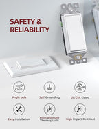 AIDA Single Pole Rocker Decorator Light Switch, 15 Amp Self-grounding Electrical Light Switches, Wall Plate Included, Residential Grade, UL Listed (10 Pack, Glossy White)