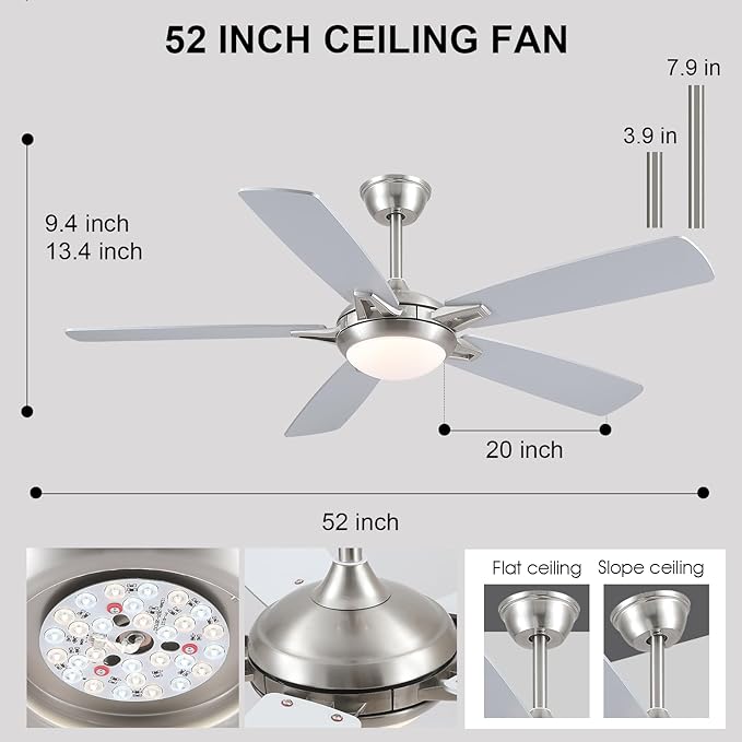 52 Inch Ceiling Fans with Lights and Remote, Modern Indoor Outdoor Ceiling Fan for Bedroom Living Room Patio Porch, 6 Speeds, Reversible Quiet Motor, Dual Finish Wooden Blades, Nickel