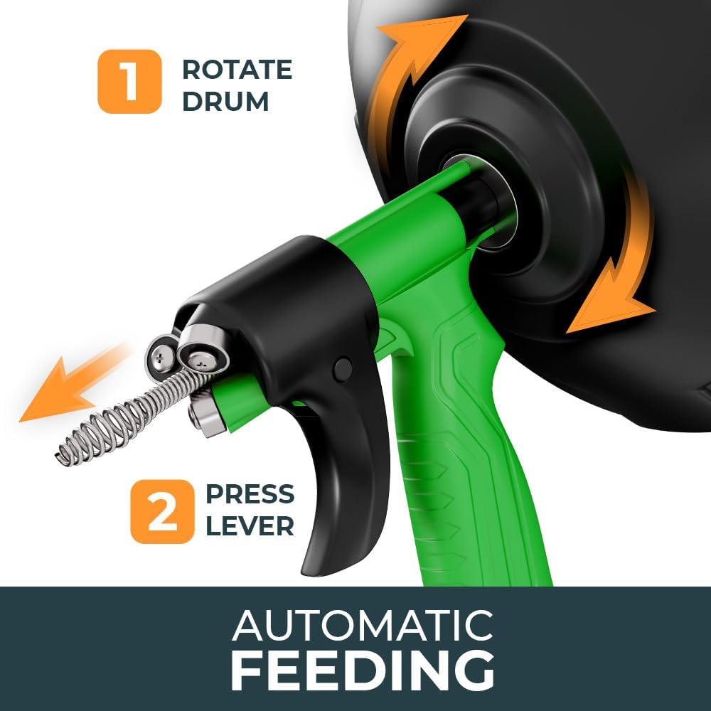 drain snake [50FT] - Auto Feed - Ideal plumbing snake for sink and drain unblocking - Solid drain auger for real DYIs!