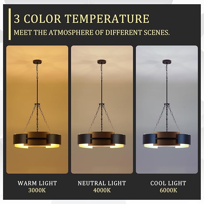 Modern Chandelier 24" Black Gold Industrial Drum Light Fixture 6-Light Metal Hanging Chandelier for Living Dining Room Foyer Entryway Kitchen