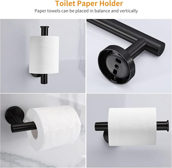 Cilee 8 Piece Matte Black Bathroom Hardware Set, 24inch Bathroom Towel bar+Towel Ring+Toilet Paper Holder+ Robe Towel Hook, SUS304 Stainless Steel Bathroom Accessory Set