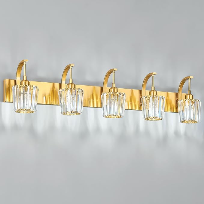 Modern Bathroom Vanity Light, 5-Light Gold Wall Sconce with Crystal Accents, Over Mirror Bathroom Lighting Fixture, 42.52" Long Dimmable Vanity Lamp for Makeup, Easy Installation