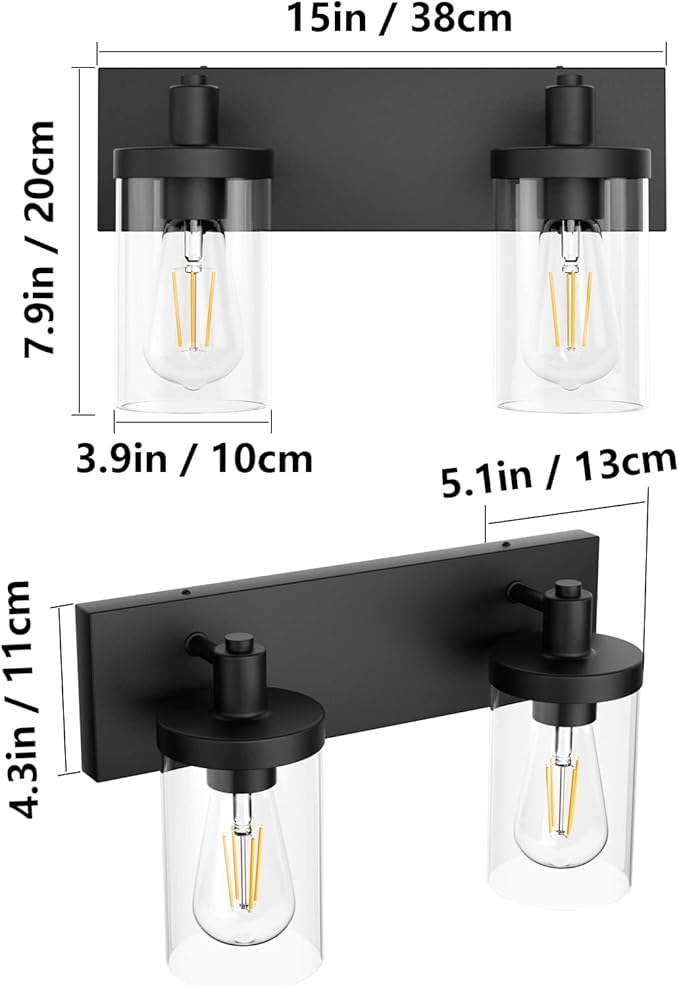 Aipsun Black Bathroom Light Fixtures Vintage Vanity Light for Bathroom Industrial Wall Sconce with Clear Glass Shade(Exclude Bulb)