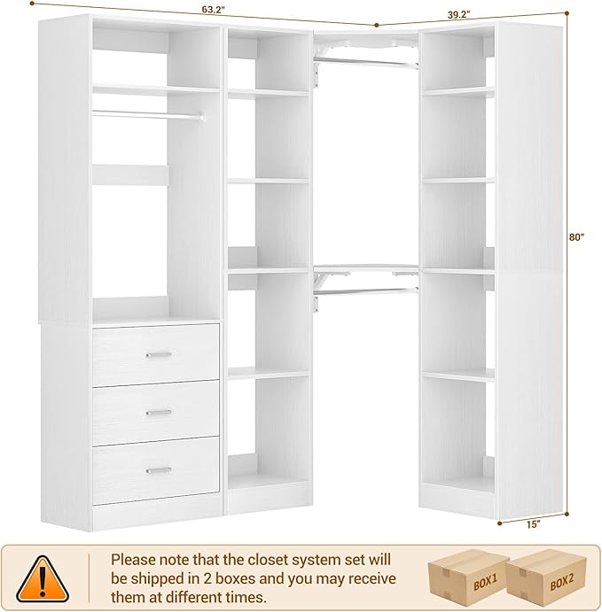 Corner Closet System with 3 Drawers, Corner Closet Organizer System with 13 Shelves & 3 Hanging Rods, 63.2"L * 39.2"W Reversible L Shaped Walk-in Closets, Load 2000+LBS, White