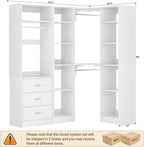 Corner Closet System with 3 Drawers, Corner Closet Organizer System with 13 Shelves & 3 Hanging Rods, 63.2"L * 39.2"W Reversible L Shaped Walk-in Closets, Load 2000+LBS, White