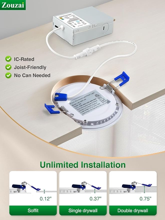 zouzai 24 Pack 4 Inch Ultra-Thin LED Recessed Ceiling Light with Junction Box 5CCT Adjustable Dimmable Can-Killer Downlight - ETL and Energy Star Certified (24 Pack 5CCT White, 4 Inch)