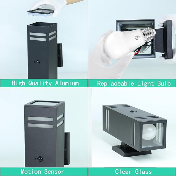 Motion Sensor Outdoor Wall Lights with Dusk to Dawn, E26 Dimmable LED Bulbs Included, Black Aluminum Up & Down Waterproof Porch, Patio, Garage, Garden, Front Door, ETL Listed 2 Pack