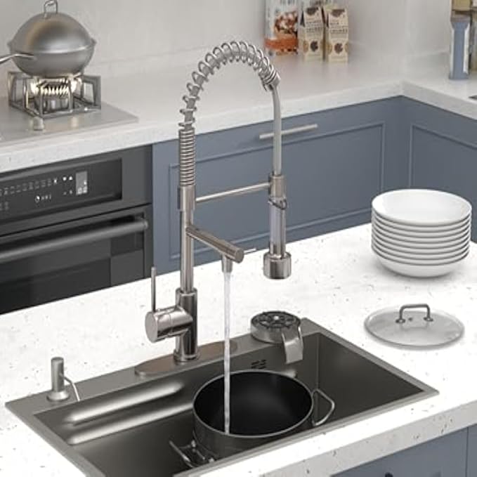 Smart Kitchen Faucet, 3 Modes Pull Down Sprayer, LED Temperature Control, Ceramic Valve,360-Degree Rotation,1 or 3 Hole Deck Plate, Double Spout. 10-Year Warranty. (KW-21SN, Brushed Nickel)