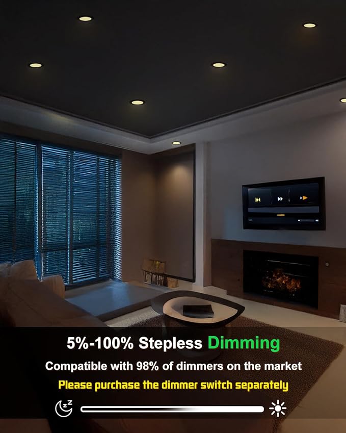 zouzai 6 Inch Black 5CCT Ultra-Thin LED Recessed Ceiling Light with Junction Box 2700K/3000K/3500K/4000K/5000K Selectable, 12W Dimmable, led can Lights ETL and Energy Star Certified【6 Pack 】