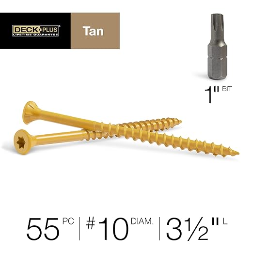 Deck Plus 3-1/2 Inch Epoxy Coated Exterior Wood and Fence Screws #10 x 3-1/2" Torx/Star Drive Included Coarse Thread, Outdoor Rust Resistant Decking Screw, Tan, 1lb Box, 310 Pieces | 48421