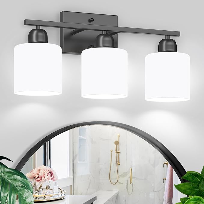 3-Light Bathroom Light Fixtures, Black Bathroom Vanity Lights with Milky White Frosted Glass Shades, Black Vanity Light for Bathroom Mirror, Bedroom, Living Room, Vanity Table, E26 Base