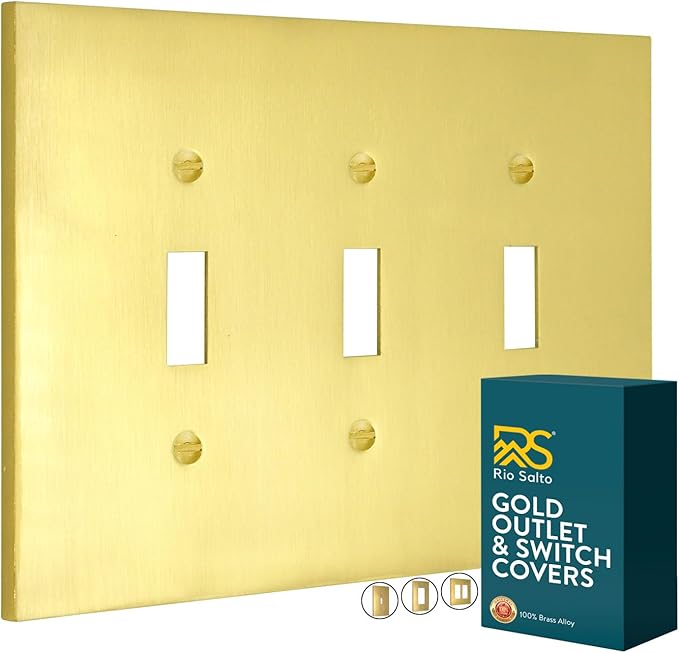 RIO SALTO Modern Metal Vibrant Yellow Gold Triple Toggle Light Switch Cover Metal Decorative Toggle Switch Covers Wall Plate Outlet Electric Outlet Socket Triple Togle - Midsize 3 Gang