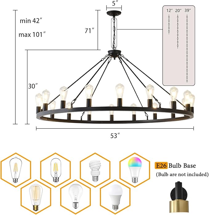 53” Black Large Wagon Wheel Chandelier,Vintage Rustic Farmhouse Chandeliers 18-Lights,Round Metal Industrial High Ceiling Pendant Light with Adjustable Height for Kitchen,Foyer,Porch,Living room