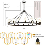53” Black Large Wagon Wheel Chandelier,Vintage Rustic Farmhouse Chandeliers 18-Lights,Round Metal Industrial High Ceiling Pendant Light with Adjustable Height for Kitchen,Foyer,Porch,Living room