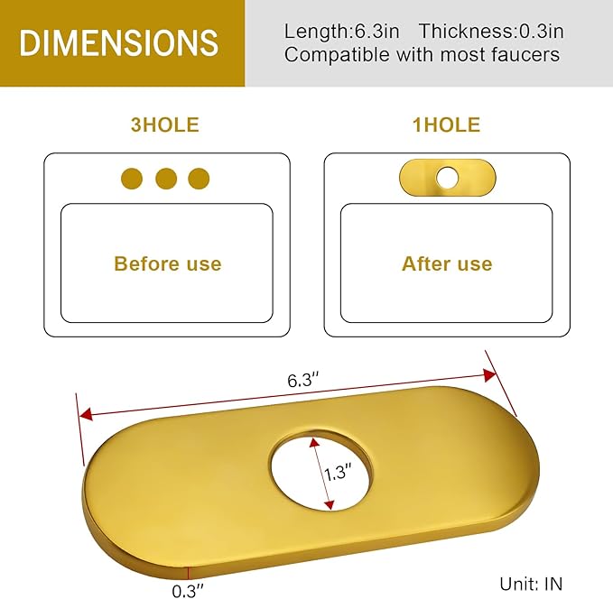 6.3 Inch Deck Plate Bathroom Sink Faucet Escutcheon, Hole Cover for Bathroom Kitchen Faucets Escutcheon Faucet Plate Stainless Steel, Brushed Gold