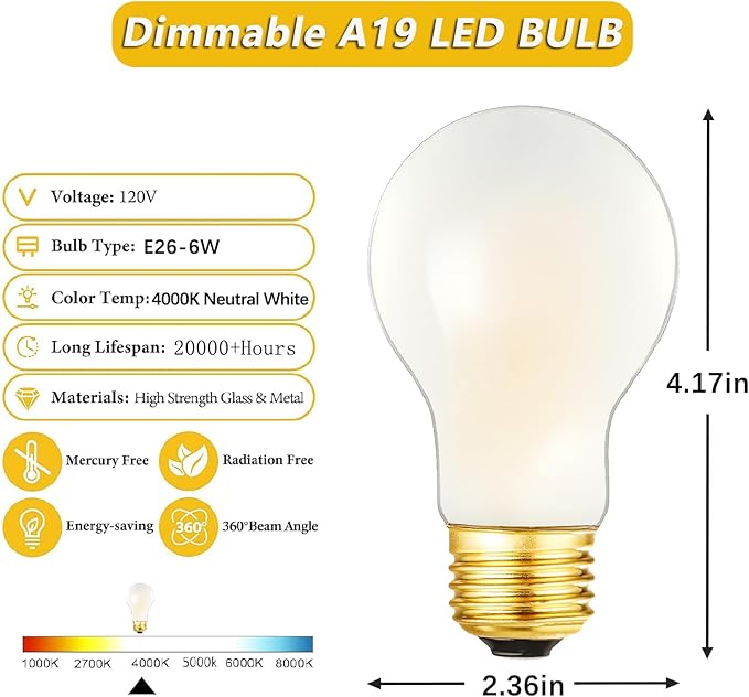 A19 Frosted Vintage LED Edison Bulbs 60W, E26 Dimmable LED Filament Light Bulbs, 4000K Neutral White,6W Equivalent 60W,600LM, AC120V, A19 Frosted Light Bulbs with 90 CRI,6Pack