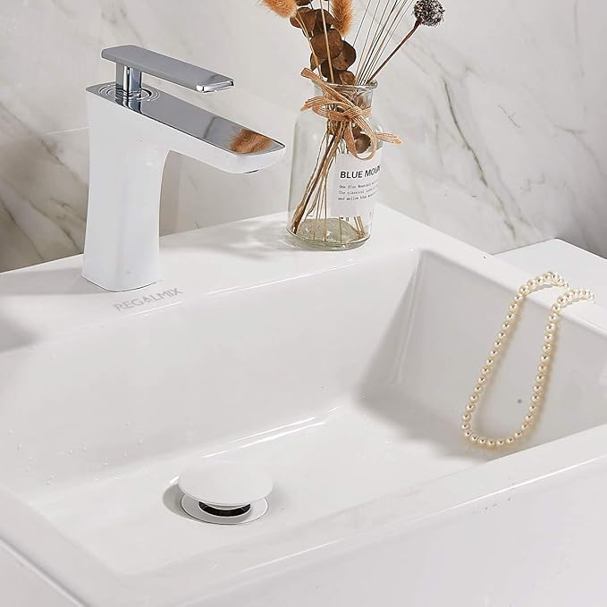 Pop Up Drain, Bathroom Faucet Vessel Vanity Sink Drain Stopper, Built-in Anti-Clogging Strainer, Without Overflow White,Fits Standard American Drain Hole(1-1/2" to 1-3/4") RWF082E