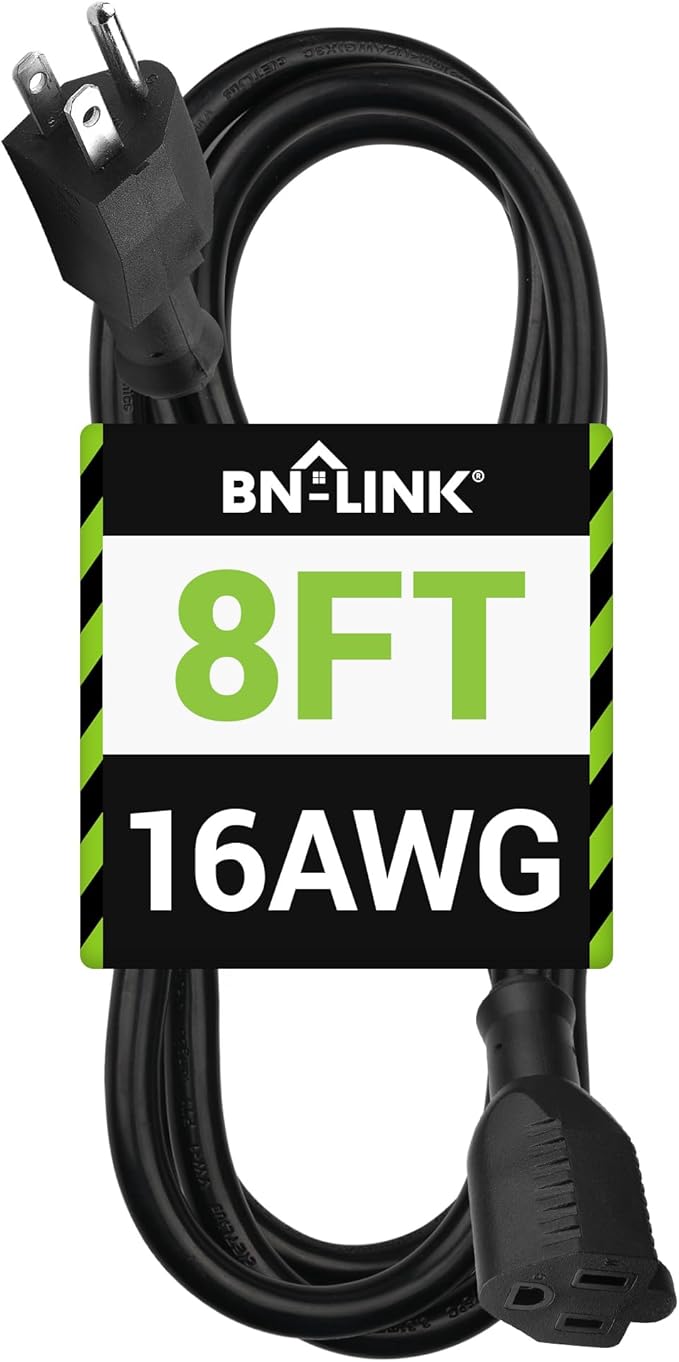 BN-LINK 8 ft Indoor/Outdoor Extension Cord 16/3 SJTW, Black, Water & Weather Resistant, 3-Prong Grounded Plug for Landscaping & Holiday Decorations, Home & Office, 13A ETL
