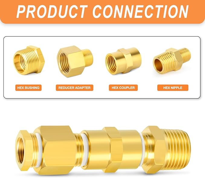 GASHER 30PCS Brass Pipe Fitting, Hex Bushing, Reducer Adapter, Reducing Hex Nipple 3/8 Inch NPT x 1/4 Inch NPT