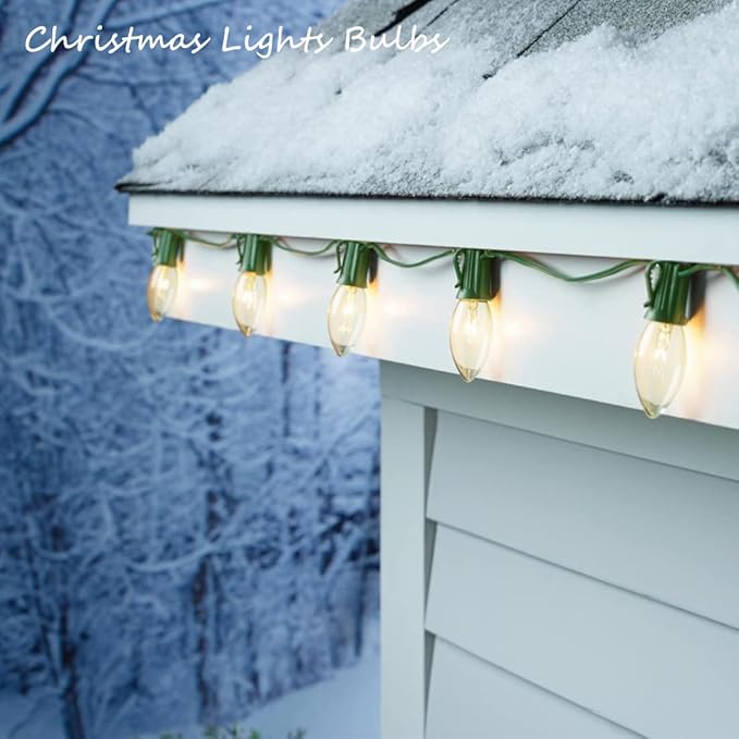 Abeja 25 Pack C9 Incandescent Replacement Bulb C9 Christmas Light Bulb for Holiday Party Christmas Decorative String Light E17 Intermediate Base 7w Clear Bulb