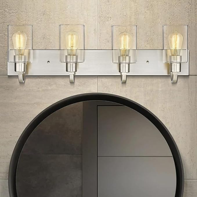 Emliviar 4-Light Vanity Light Fixture - Modern Bathroom Lighting Fixture, Brushed Nickel Finish with Clear Glass, YCE237B-4W BN