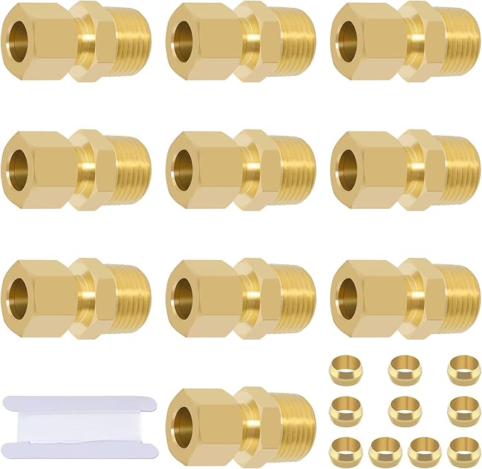 Brass Compression Tube Fitting, Straight Coupling Adapter, 10 PCS 3/8" OD x 3/8" NPT Male Compression Union Connector & 10 PCS Compression Sleeves Ferrules