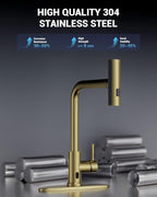 APPASO Gold Touchless Kitchen Faucet with Pull Down Sprayer, Waterfall Motion Sensor Kitchen Sink Faucet with SUS304 Stainless Steel Single Handle Hands-Free Brushed Gold