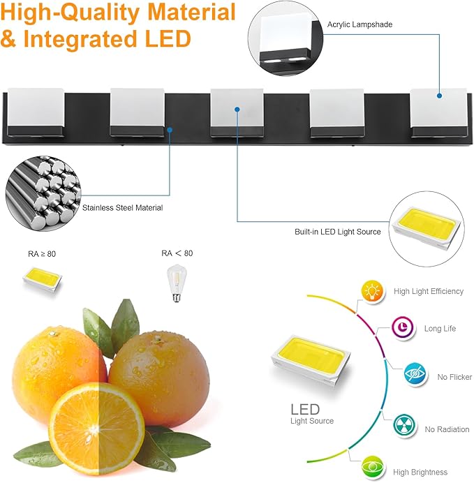 SineRise LED Modern Bathroom Vanity Light Fixtures (5-Light, 40-Inch,6000K), Matte Black Modern Acrylic Bathroom Wall Lighting Fixtures Over Mirror