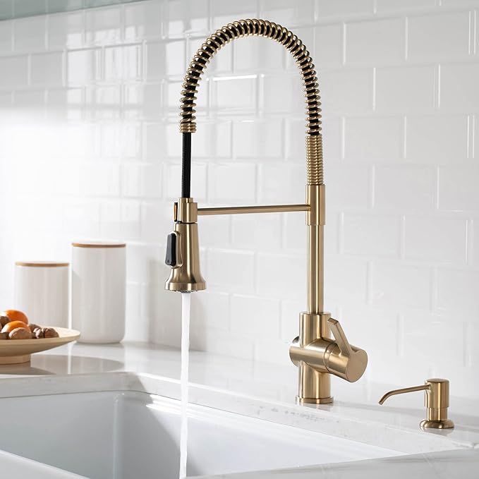 KRAUS Britt Commercial Style Pre-Rinse Kitchen Faucet with Deck Plate in Brushed Gold, KPF-1690BG