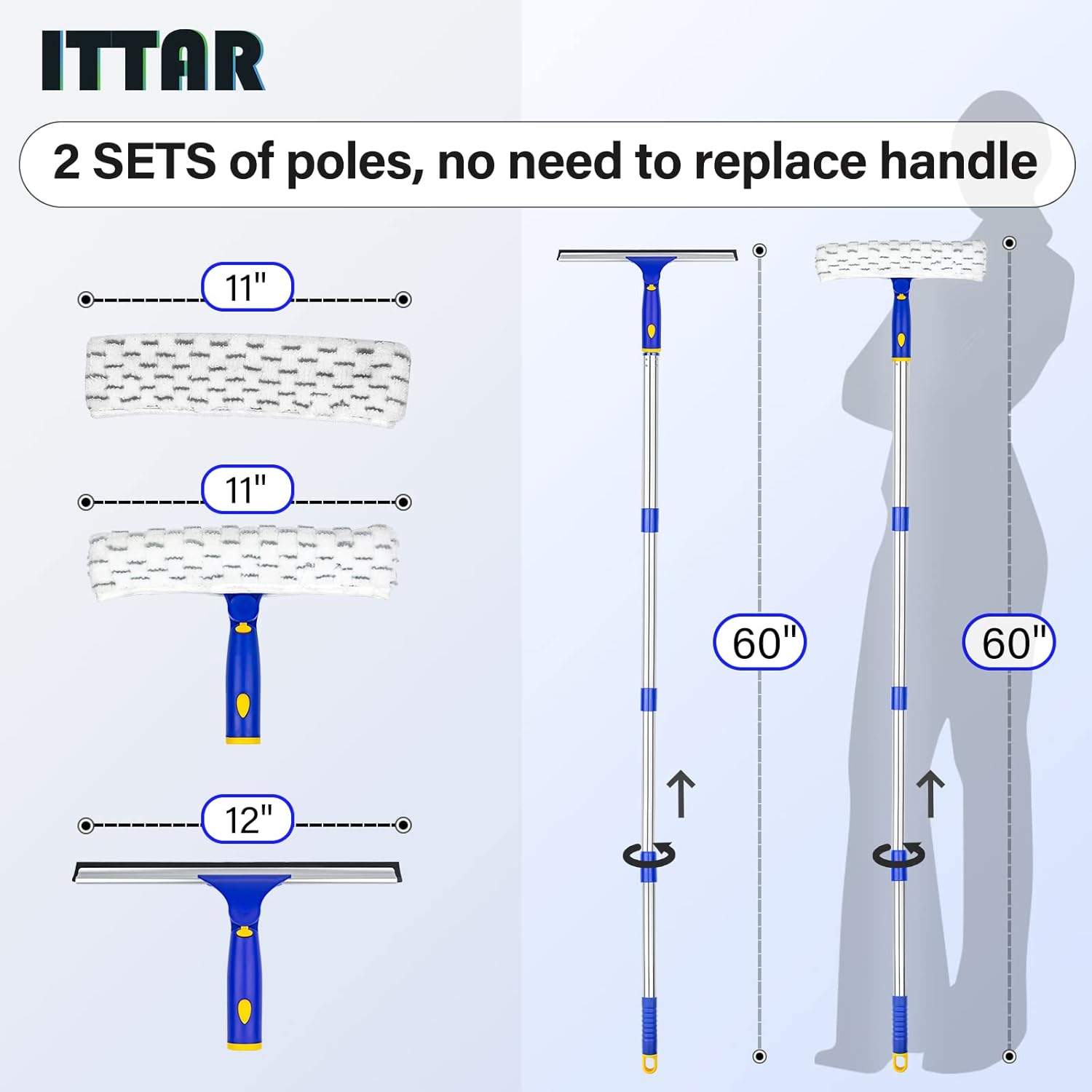 ITTAR Window Squeegee with 2 Sets Stainless Steel Pole, Squeegee Cleaning Tools with Microfiber Pads, 60"-72" Telescopic Window Washing Kit, Professional Squeegee Cleaner for Home Car Outside Glass