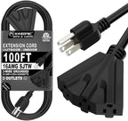 K KASONIC - 100 Ft Extension Cord with 3 Outlets, UL Listed 16/3 SJTW 3-Wire Grounded, 10A 125V 1625W for Indoor/Outdoor Use - Black