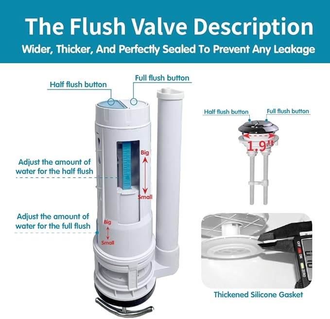 2-Inch Dual Flush Valve Replacement Kit for One-Piece Toilets - Includes 10" Tall Flush Valve, 1.9" Threaded Button, Fill Valve - Fits 12-17" Tall Tanks with 2.56-2.76" Drain Holes