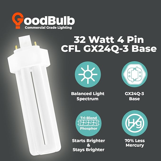 GoodBulb 32 Watt CFL Light Bulbs 4 Pin GX24Q-3 Base 4100K Cool White 32W High Output 2400 Lumens Triple Tube Compact Fluorescent Light Bulbs Plug-in 10 Pack