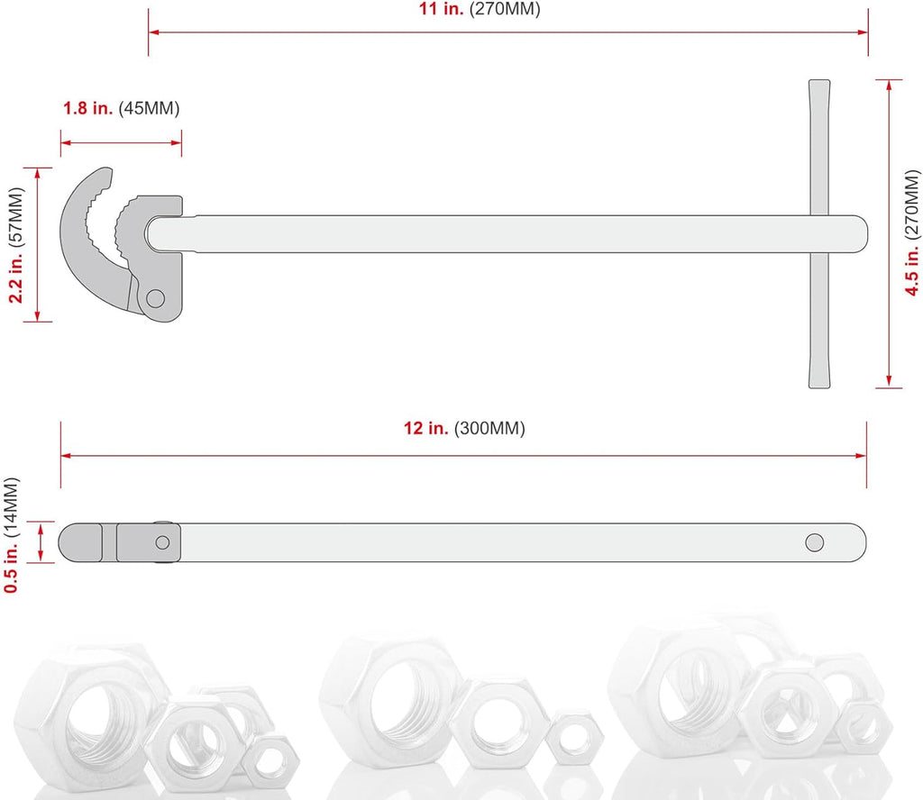 HAUTMEC 11-Inch Pro Basin Wrench Sink Faucet Wrench for Tight Spaces with Adjustable 3/8'' to 1-1/4'' Capacity Plumber Wrenches for Faucet Hex Nuts under Sink HT0261-PL(Red)