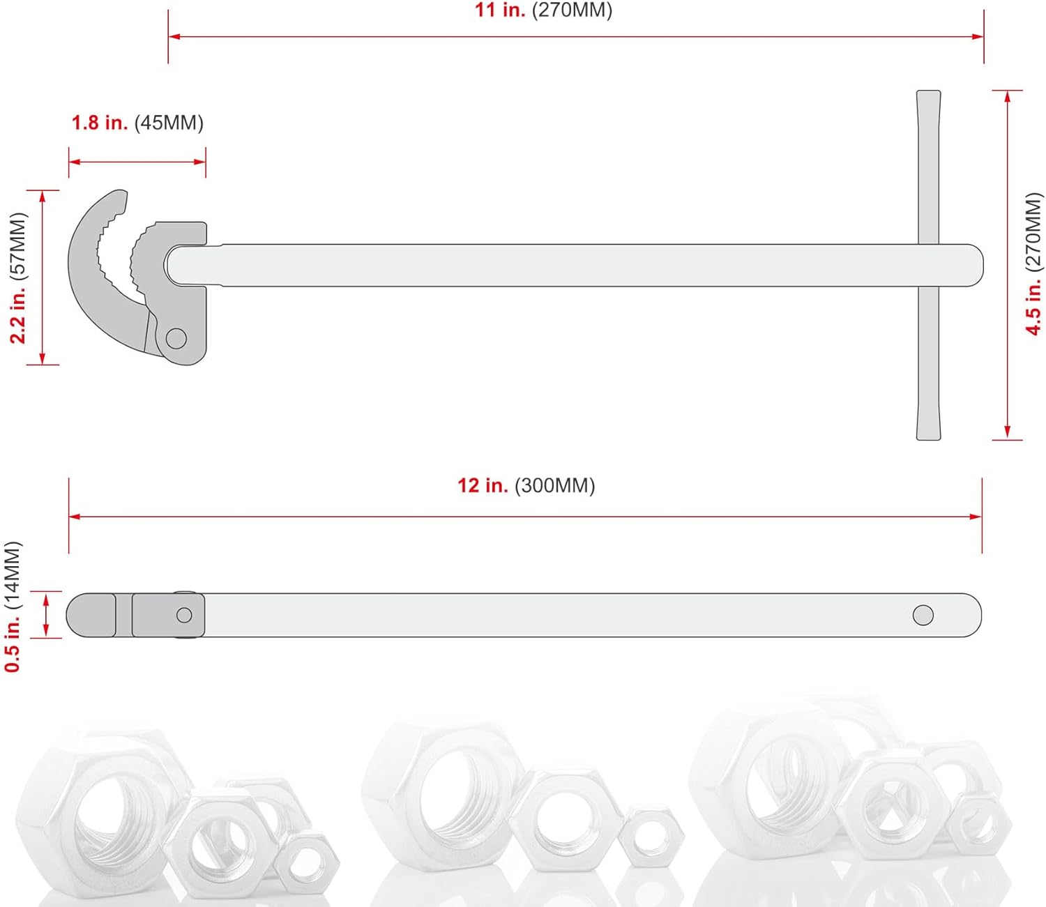 HAUTMEC 11-Inch Pro Basin Wrench Sink Faucet Wrench for Tight Spaces with Adjustable 3/8'' to 1-1/4'' Capacity Plumber Wrenches for Faucet Hex Nuts under Sink HT0261-PL(Red)