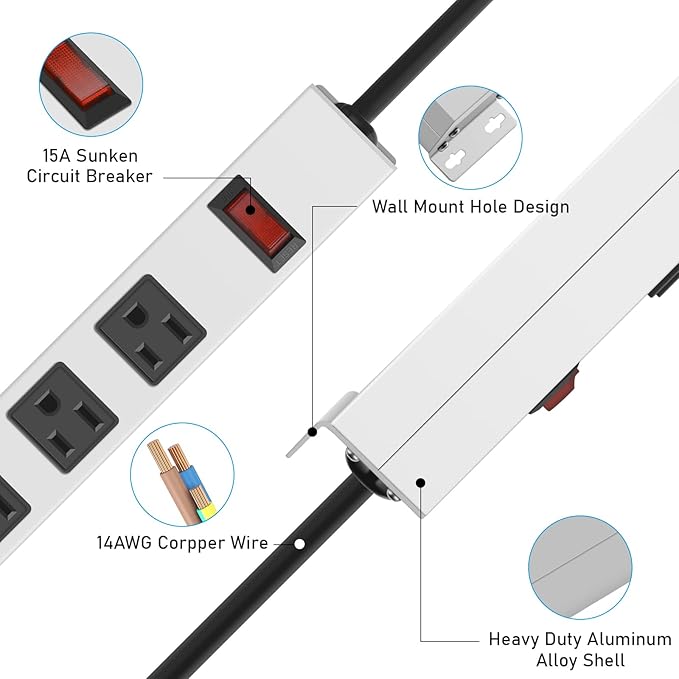JUNNUJ Metal 16 Outlet Power Strip, Mountable Heavy Duty Power Strip, 1200J Surge Protector Wall Mount Screws Outlet with Switch, Gaming Desk Strips Wide Spaced 15A 125V 1875W, 6 FT 14AWG Power Cord