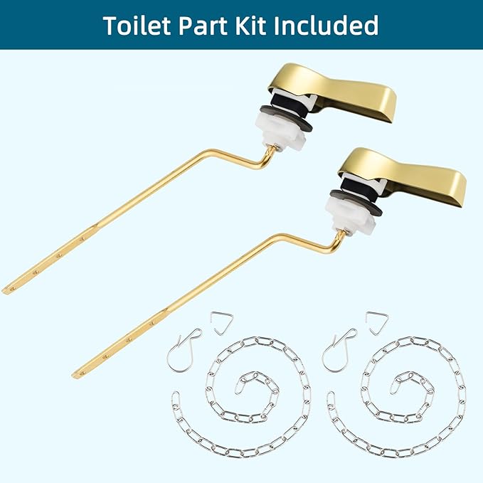Hygie Rinse Metal Toilet Handle Lever Flush Replacement, 2PCS Universal Side Mount Toilet Handle with Stainless Steel Flapper Chains, Toilet Repair Kit, Shiny Gold