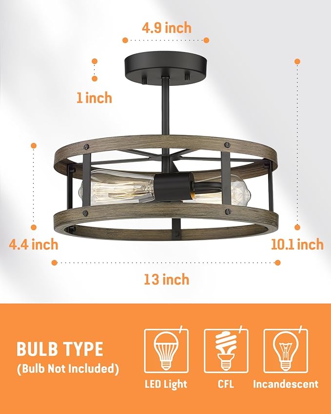 EAPUDUN Farmhouse Ceiling Light, 13'' Imitation Wooden Semi Flush Mount Light Fixture, Retro 2-Light Lamp for Hallway Entryway Bedroom Kitchen Dining Room SMA1139-FBDT