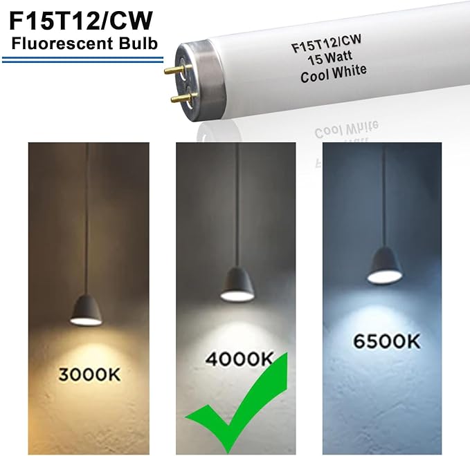 F15T12-CW T12 15 Watt 18 Inch Fluorescent Light Bulb,F15T12-CW 15 Watt Cool White,4100K,T12 Linear Fluorescent Lamp,Medium Bi-Pin G13 Base,850 Lumens(4Pack)