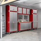 Heavy Duty 8-Piece Steel Garage Cabinet Storage Set with Rolling Workbench, 12 Feet Wide (Red)
