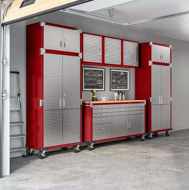 Heavy Duty 8-Piece Steel Garage Cabinet Storage Set with Rolling Workbench, 12 Feet Wide (Red)