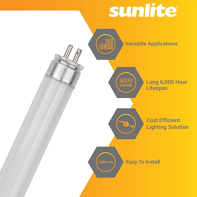Sunlite 12-Inch F8T5/DL T5 Linear Fluorescent Lamp, 8 Watts, 310 Lumens, 6500K Daylight, Miniature G5 Bi-Pin Base, ROHS Compliant, High Performance Straight Tube, 10 Pack
